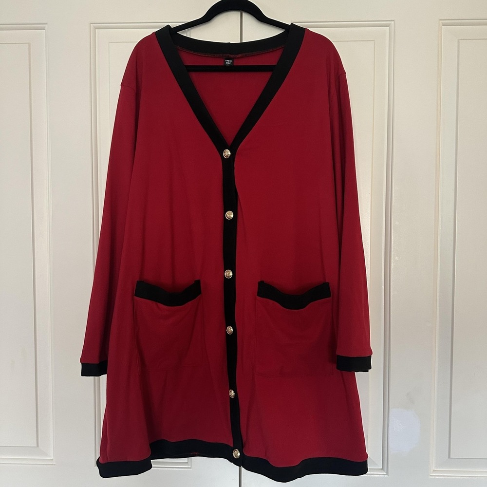 Shein Curve Cardigan‎ Sweater Womens 4XL Red Black Trim Button Front Pockets